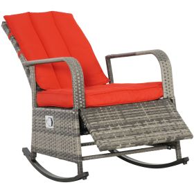 Wicker Rocking Chair Outdoor Recliner Chari with Soft Cushion, Adjustable Footrest, Max. 135 Degree Backrest, Red