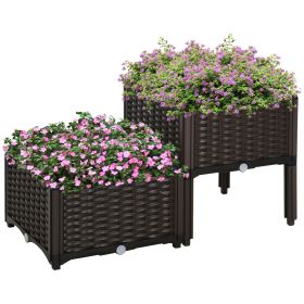Raised Garden Planter 2-Piece Set Brown with Self-Watering System and Drainage for Outdoor Flowers