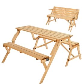 2-in-1 Transforming Interchangeable Picnic Table, Outdoor Wooden Table and Bench Set, Portable Foldable Bench with Umbrella Hole