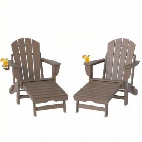 Folding Adirondack Chair Set of 2, HDPE Fire Pit Chair with Retractable Ottoman and Cup Holder, Brown