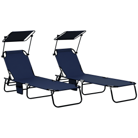 Folding Chaise Lounge Pool Lounge Chairs Set of 2, Outdoor Sun Tanning Chairs with Canopy Shade, Reclining Back, Steel Frame and Side Pocket for