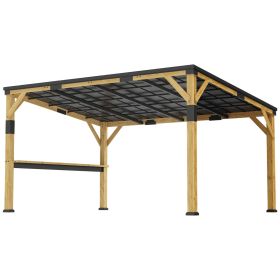 10' x 14' Wooden Gazebo, Hardtop Lean-to Gazebo Pergola with Galvanized Steel Sloped Roof, Bar Shelf, Natural Wood