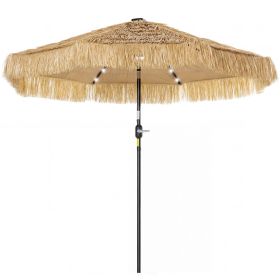 9 ft Hula Thatched Tiki Patio Umbrella with LED Solar Light, Outdoor Umbrella with Crank, Tilt, UPF30+, Khaki