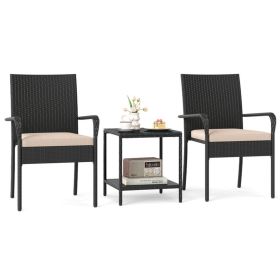 3-Piece Patio PE Wicker Bistro Set, Tempered Glass 2-Tier Side Table Outdoor Chair Set-Beige