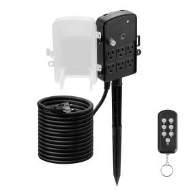 Outdoor Power Stake, 25FT Extension Cord, Outdoor Power Strip Weatherproof with Cover, Remote Control Dusk to Dawn Light Timer Waterproof, 6 Outl