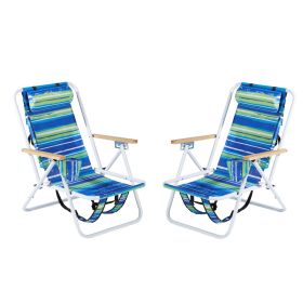 Folding Beach Chair Set of 2 for Adults, 4 Position Portable Backpack Foldable Camping Chair with Headrest Cup Holder and Wooden Armrests