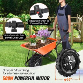 Electric Wheelbarrow Cart, 500W Powered Utility Garden Wagon Dump Cart, 5 Cu. Ft. Load & 330 lbs Capacity with Metal Handle & 16" Track Wheels