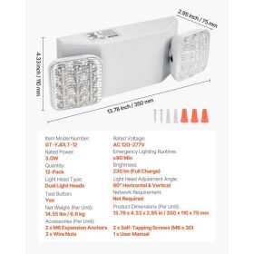 12 Pack Emergency Lights For Business, With Battery Backup, Commercial LED Emergency Exit Lighting Fixtures, AC 120/277V, With Two Square Head Ad (Option: Black)