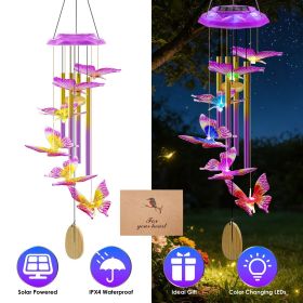 Solar Butterfly Wind Chime with Aluminum Tubes 7 Color Changing Wind Chime for Outside IP44 Waterproof Outdoor Garden Yard Decor (Color: Purple)